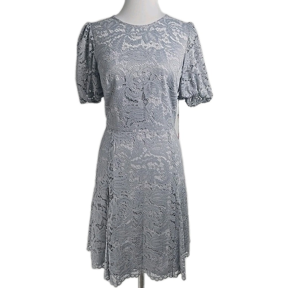 Vince Camuto Gray All Over Lace Short Sleeve Fit & Flare Dress Size 12 NWT $148